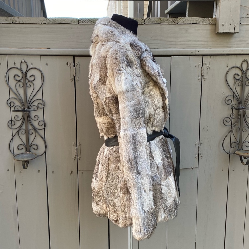 Vintage 70s 80s Rabbit Fur Belted Bomber Coat Jacket - Picture 3 of 8
